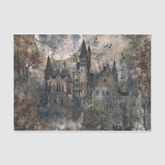 Creepy Mansion Spooky Bat Halloween Moon Decoupage Seidenpapier (Vorderseite)
