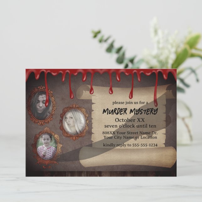 Creepy Murder Mystery Halloween-Party Einladung (Stehend Vorderseite)