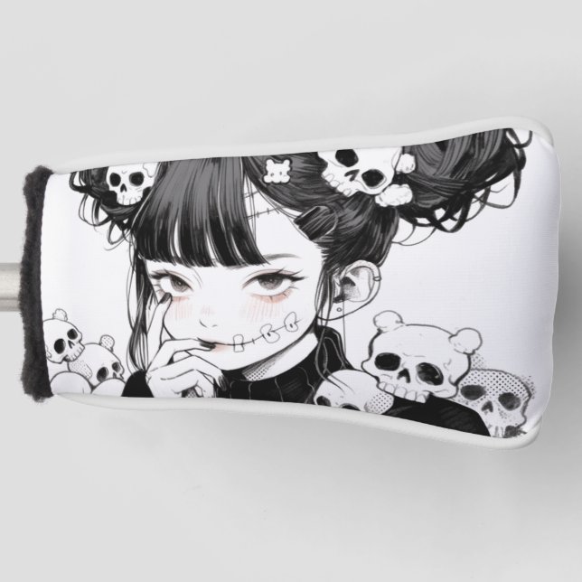 Creepy Niedlich Goth Manga Syle Skulls und Anime G Golf Headcover (Vorderseite)