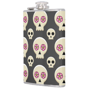 Creepy Niedlich Kawaii Goth Skull mit Blume Muster Flachmann