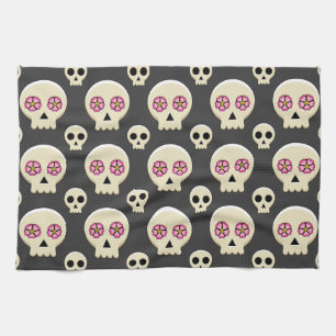 Creepy Niedlich Kawaii Goth Skull mit Blume Muster Geschirrtuch