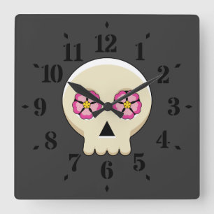 Creepy Niedlich Kawaii Goth Skull mit Blume Quadratische Wanduhr