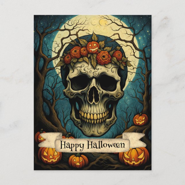 Creepy Pumpkin Floral Skull Halloween Postkarte (Vorderseite)