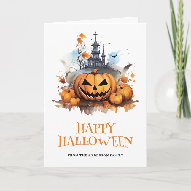 Creepy Pumpkin Spuk House Bats Foto Halloween Karte (Vorderseite)