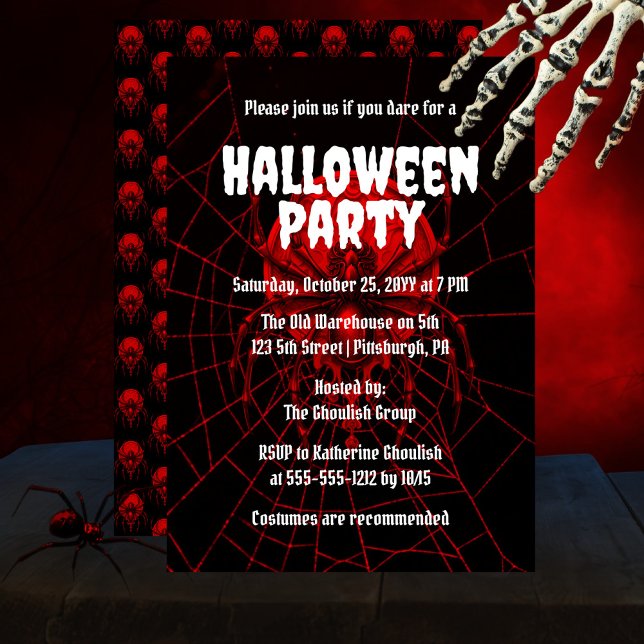 Creepy Red | Black Widow Spider Halloween-Party Einladung (Creepy, spooky and scary glowing red black widow spider on a red spider web "Halloween Party" design)