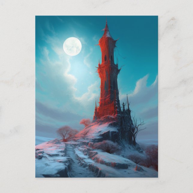 Creepy Red Tower Landschaft Fantasy Art Postkarte (Vorderseite)