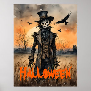 Creepy Scarecrow and Crows Halloween Poster