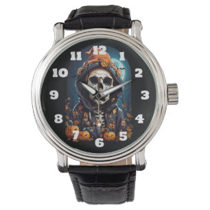 Creepy Skeleton & Autumn Pumpkins Halloween Armbanduhr