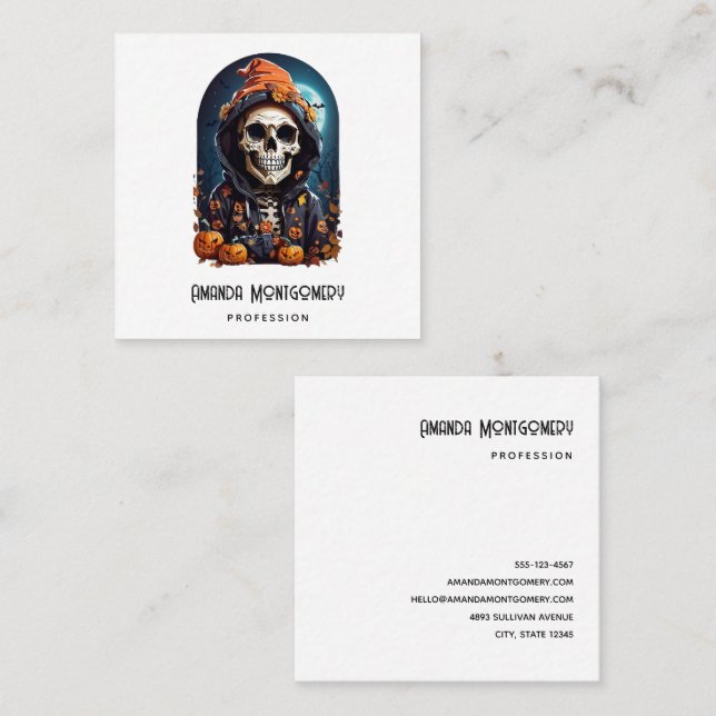 Creepy Skeleton & Autumn Pumpkins Halloween Quadratische Visitenkarte (Vorne/Hinten)