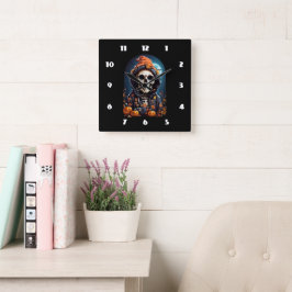 Creepy Skeleton & Autumn Pumpkins Halloween Quadratische Wanduhr
