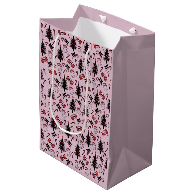 Creepy Skull Ghost und Vampire Cat Pink Mittlere Geschenktüte (Vorderseite Schrägansicht)