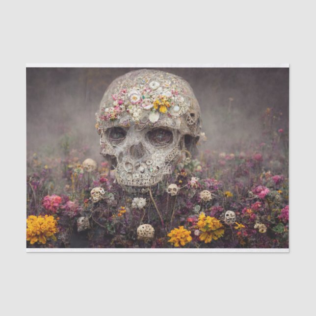 Creepy Skull im Blumengarten Dekoupage Gewebepflas Seidenpapier (Vorderseite)