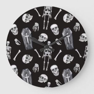 Creepy Skulls: Halloween-Wasserfarbenmuster Große Wanduhr