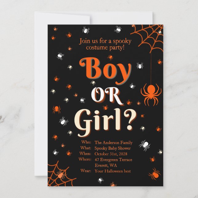 Creepy Spider Halloween Gender Reveal Baby Dusche Einladung (Vorderseite)