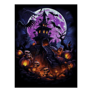 Creepy Spuk House Lila Halloween-Party Poster