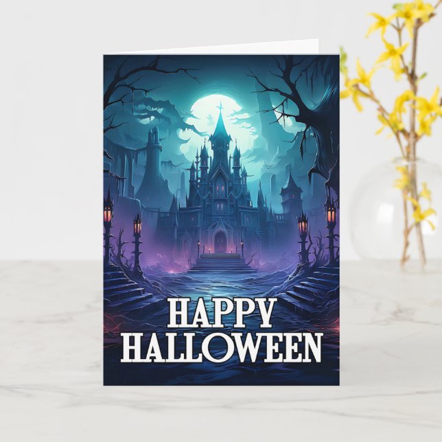 Creepy Spuk Manor | Frohe Halloween Karte (Gelbe Blume)