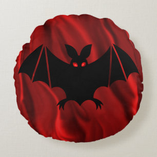 Creepy Vampire Bat auf Roter Seide Halloween Rundes Kissen