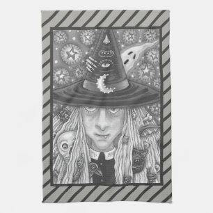 CREEPY WITCH EVIL EYE HALLOWEEN GOTH KITCHEN TOWEL GESCHIRRTUCH