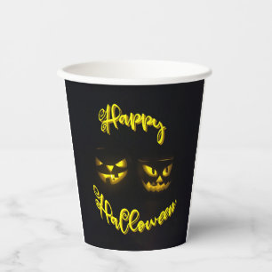 Creepy Yellow Happy Halloween mit Kürbisgesicht Pappbecher