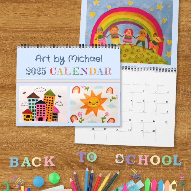 Créer votre propre bleu Mon calendrier artistique  (Blue Kid's artwork 2025 calendar where you can add your own kid's paintings and drawings.)