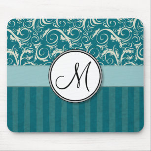 Creme auf Aquamarinen Blumenscheiben und Streifen  Mousepad