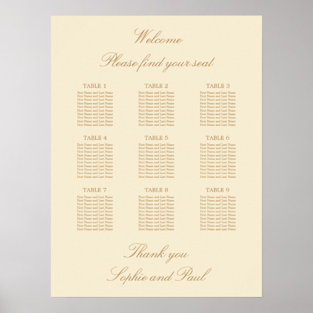 Creme Beige 9 Tisch Hochzeitskarte Poster (Vorne)
