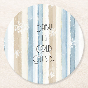 Creme Beige Blau Weihnachten Schneeflocken Streife Runder Pappuntersetzer