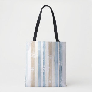Creme Beige Blaue Weihnachten Schneeflocken Streif Tasche