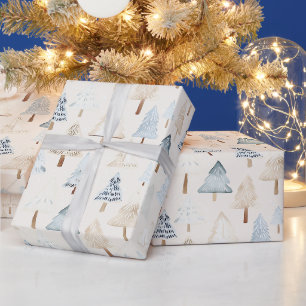 Creme Beige Blaue Weihnachtsbäume Geschenkpapier