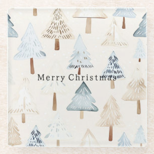 Creme Beige Blaue Weihnachtsbäume Glasuntersetzer