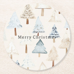 Creme Beige Blaue Weihnachtsbäume Runder Pappuntersetzer