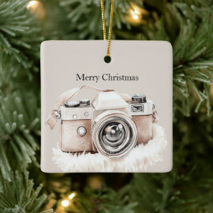 Creme Beige Kamera Streifen Weihnachten Keramikornament