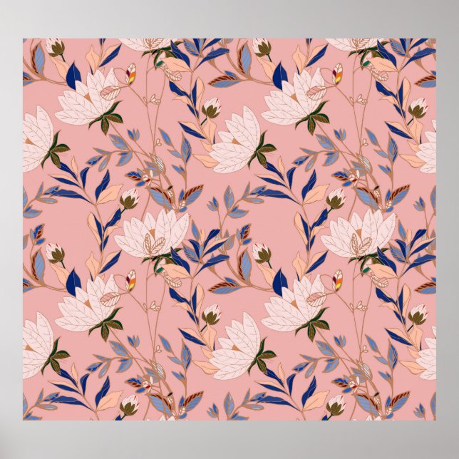Creme Beige Lilies: Rosa Nahtloser Hintergrund Poster (Vorne)