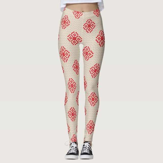 Crème Beige Rouge Flocon de neige Leggings de Noël (Devant)