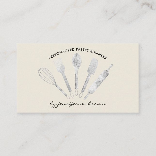 Creme Beige Silver Pastry Koch Zuhause Bäckerei Visitenkarte (Vorderseite)