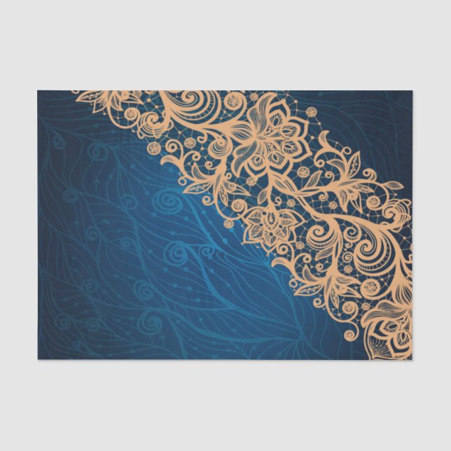 Creme Beige Spitze auf wirbelblauem Hintergrund Seidenpapier (Vorderseite)