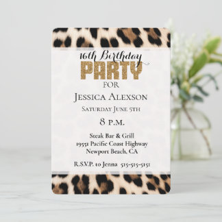 Creme Black Brown Leopard Gold Glitzer Party Einladung