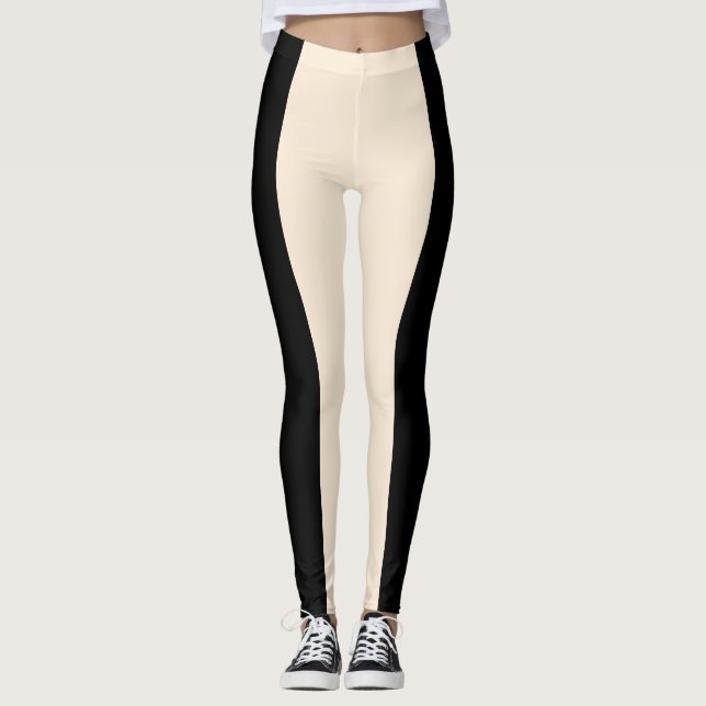 Creme & Black Strip Modernes Chic Lounge Gym Leggings (Vorderseite)