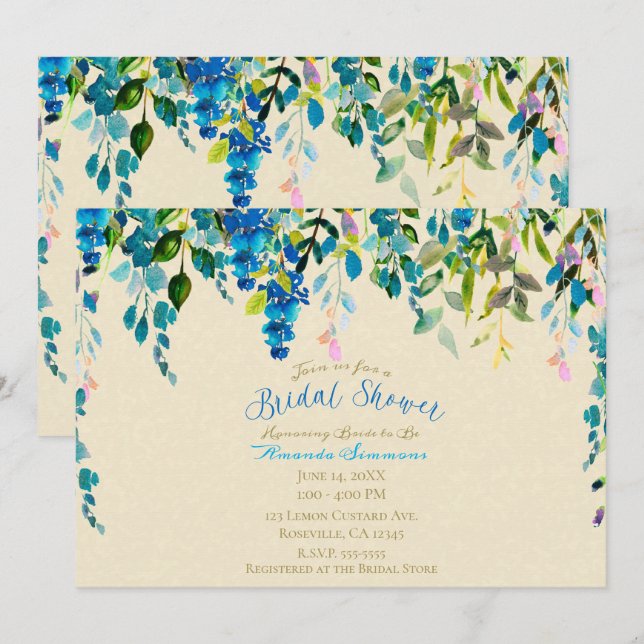 Creme Blue Watercolor Blume Brautparty Einladung (Vorne/Hinten)