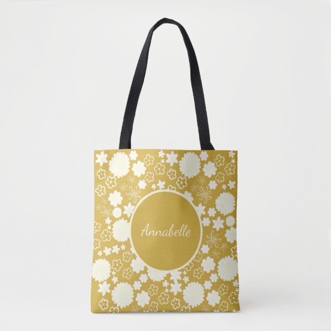 Creme-Blume im Muster Gold Floral, kundenspezifisc Tasche (Vorderseite)