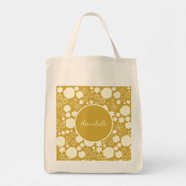 Creme-Blume im Muster Gold Floral, kundenspezifisc Tragetasche (Vorne)