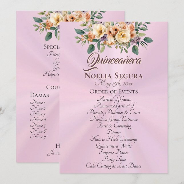 Creme Blumen Quinceanera-Programm - Pastellrosa Programm (Vorne/Hinten)