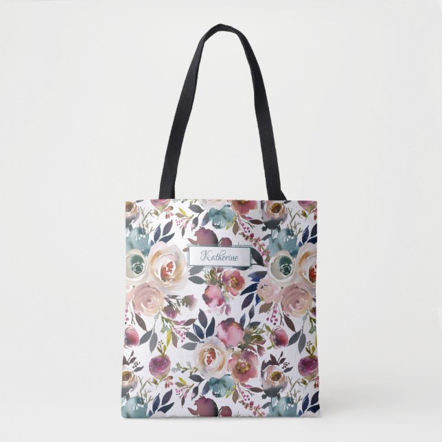 Creme Blush Pink Blau Grün Blütenblume Tasche (Vorderseite)