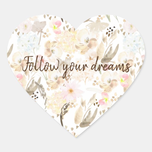 Creme Blush Pink Floral Herz-Aufkleber (Vorderseite)