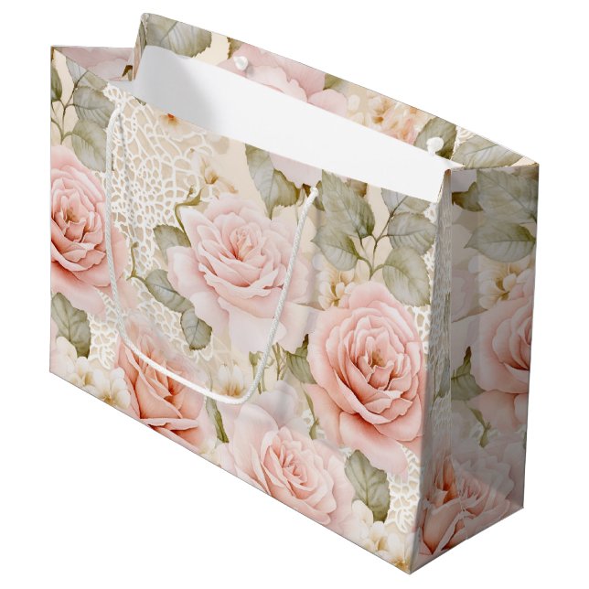 Creme Blush Pink Roses Brautparty Große Geschenktüte (Vorderseite Schrägansicht)