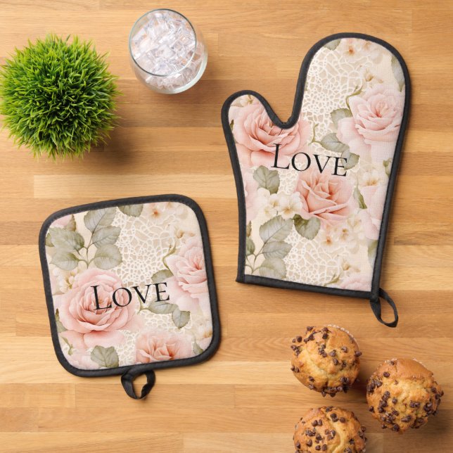 Creme Blush Pink Roses Floral Ofenhandschuh & Topflappen-Set (Oben Unten)