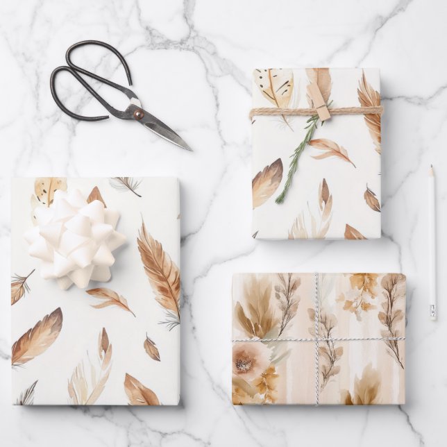 Creme Boho Federn Blumen Geburtstag Geschenkpapier Set (Vorderseite)