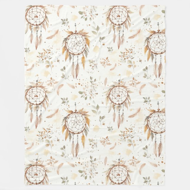 Creme Boho Federn Traumfänger Fleecedecke (Vorderseite)