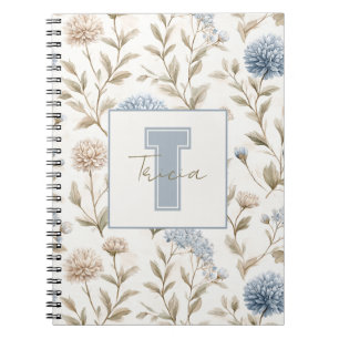 Creme Braun Blaue Blumen Monogramm Anfangsname Notizblock