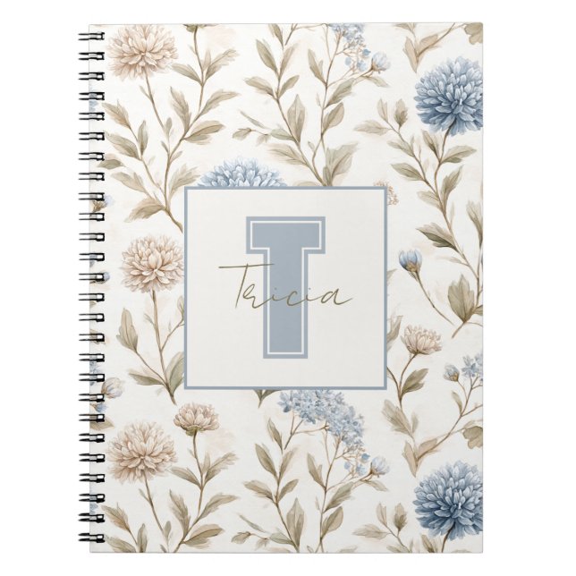 Creme Braun Blaue Blumen Monogramm Anfangsname Notizblock (Vorderseite)